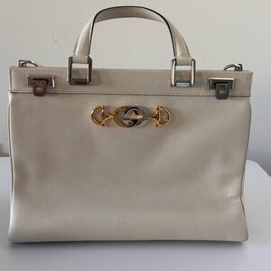 Authentic Gucci Zumi Medium Size Leather Handbag Tote Cream White